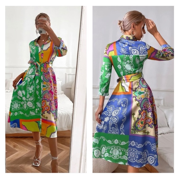 Color Block Paisley Print Belted Shirt Dress - Picture 3 of 4